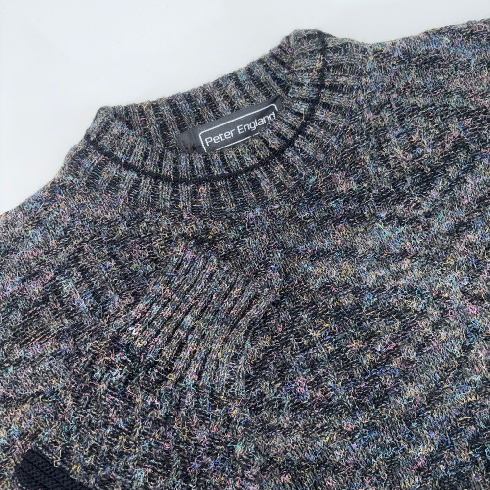 Peter England Mens Confetti Knit Sweater Charcoal Gray Striped Crewneck XL